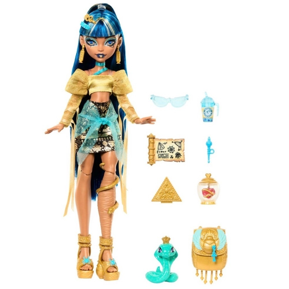 Monster High Cleo De Nile Doll in Golden Shirt with Pet Hissette and Accessories - Picture 3 of 5